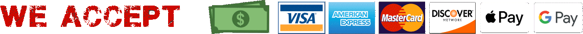 We accept cash, credit card, Apply Pay and G Pay. Additional processing fees will apply to credit card, Apple Pay & G Pay transactions.